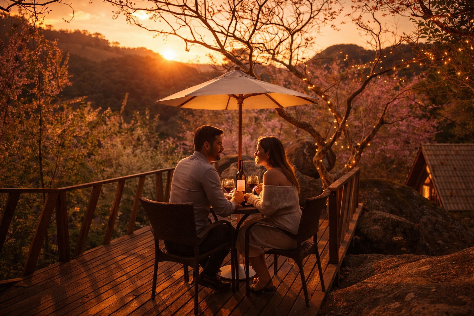 Cozy wooden cabin bedroom with a stone fireplace, white bed decorated with rose petals, dining table, and large windows showing green hills outside.